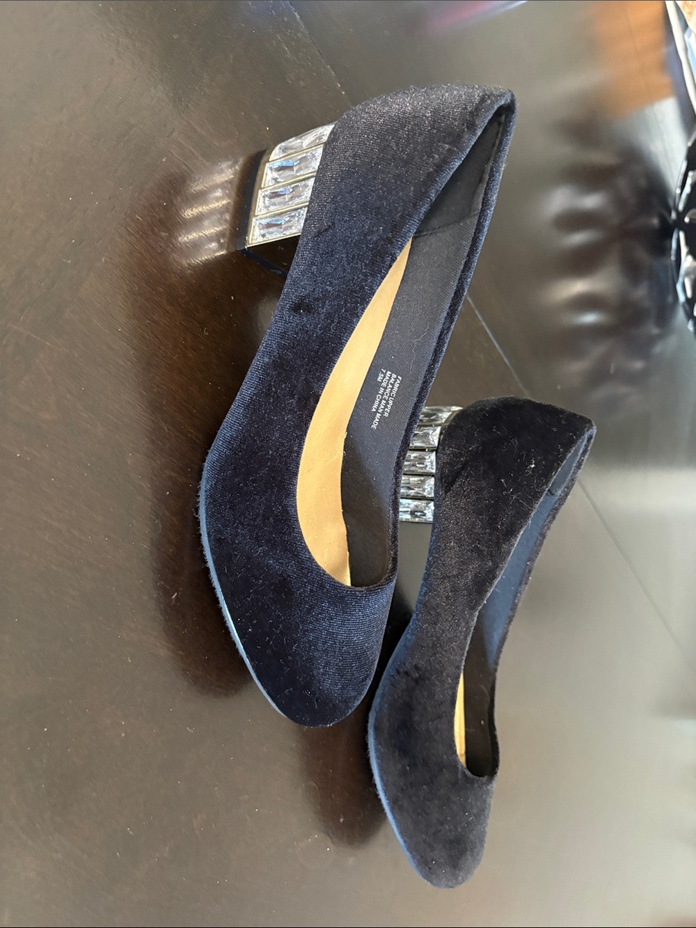 Black Velvet Pumps with Faceted Crystal Block Heel